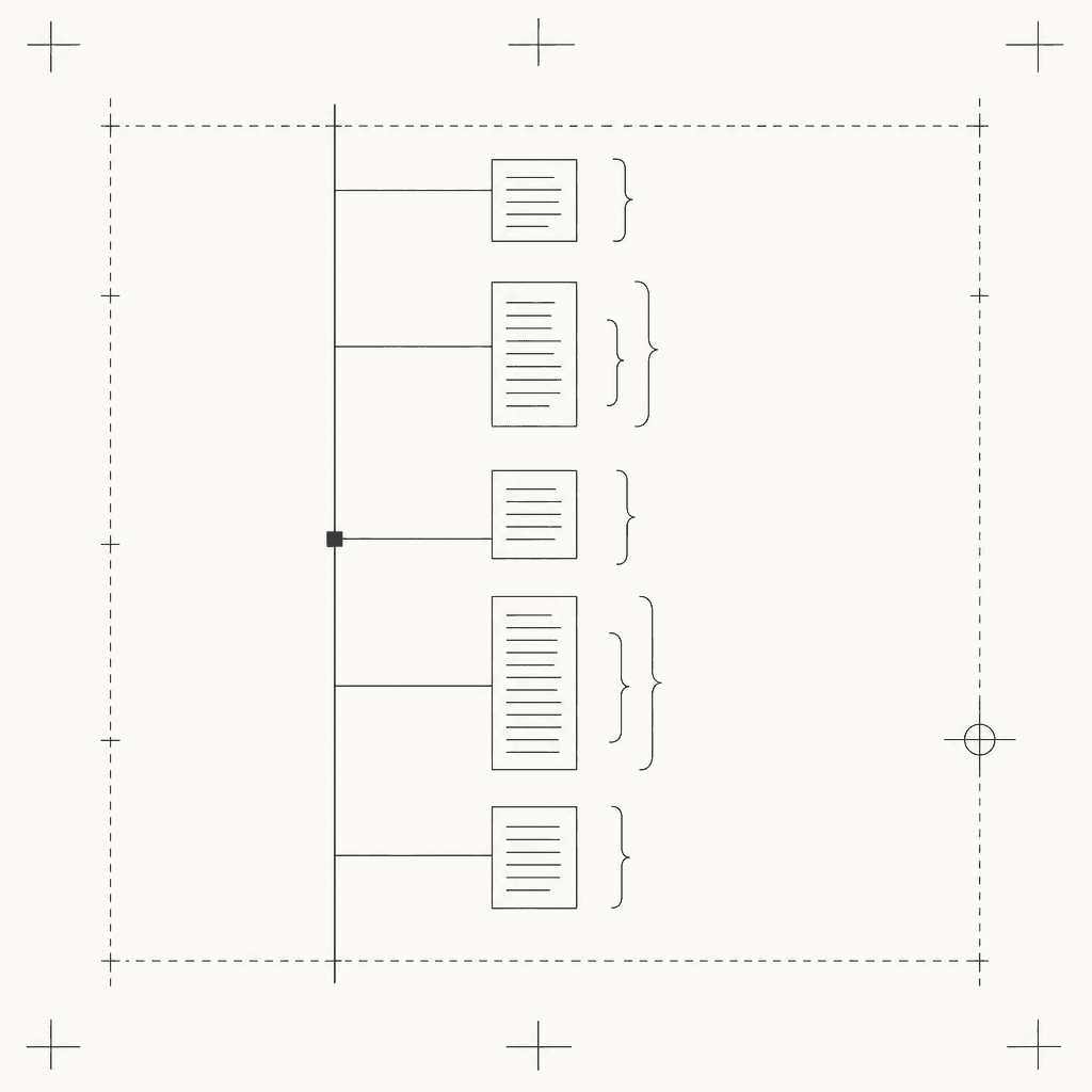 Technical schematic: a file tree of generated documents with brace structures beside them.